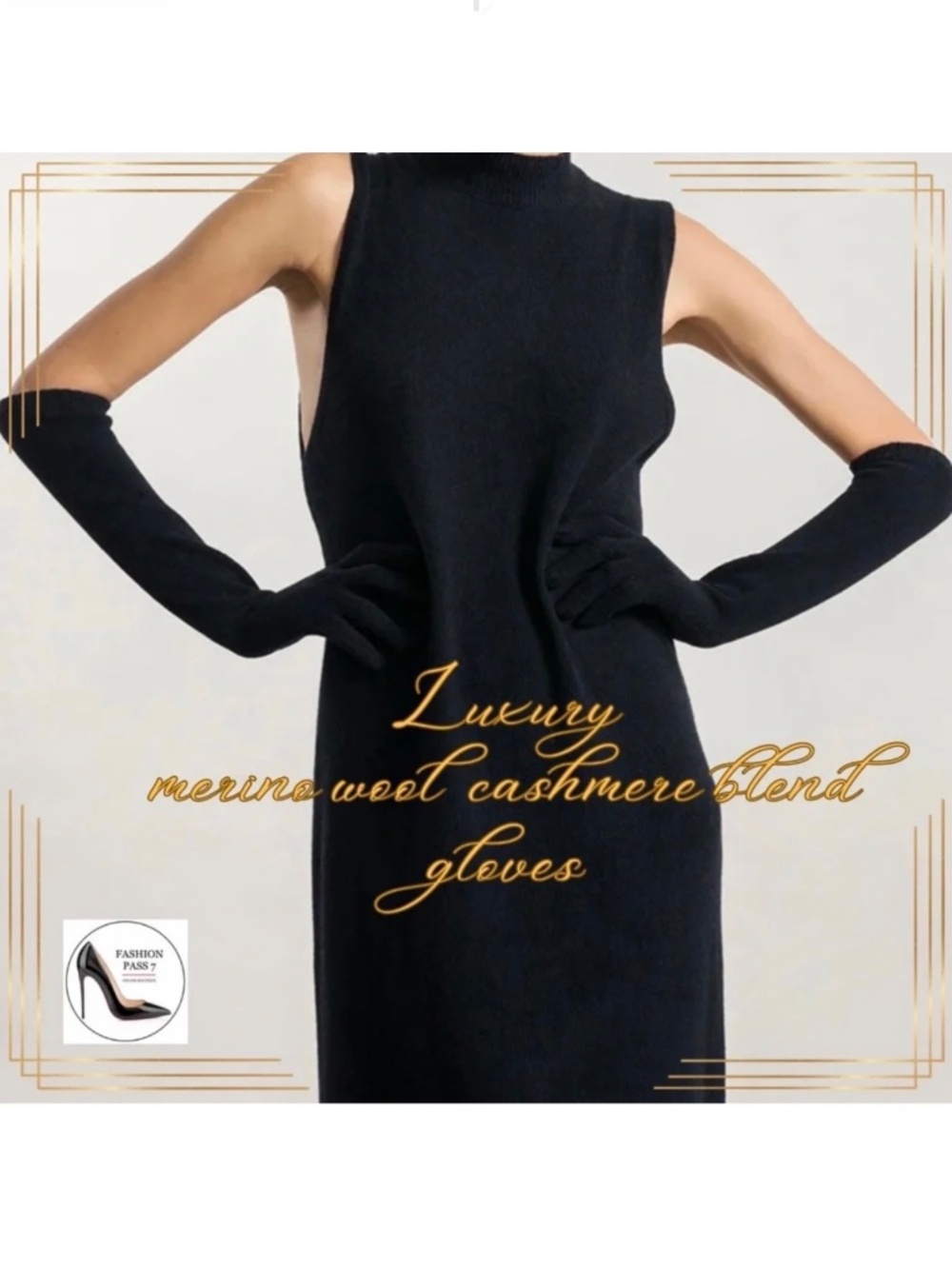 20” Long Luxury Cashmere Merino Wool Glove Classic Black Opera Winter Warm Glove